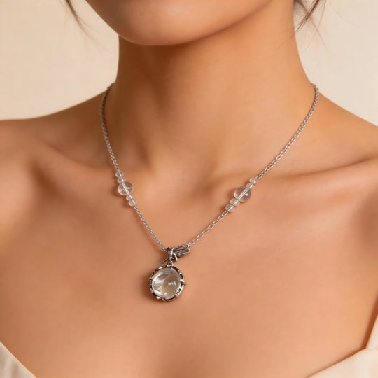 Clear quartz crystal necklace with silver chain and dragonfly charm, handmade gemstone jewelry for spiritual healing