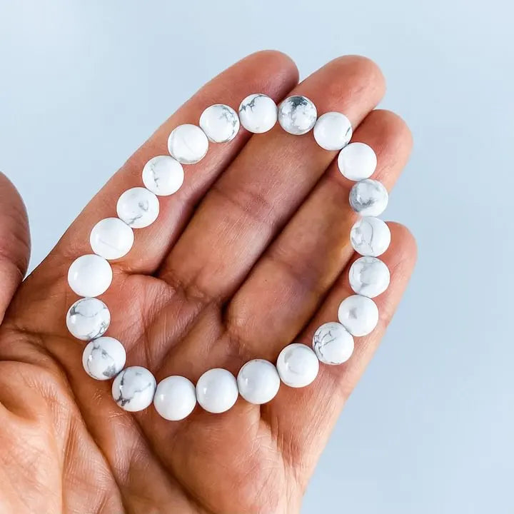 White howlite bead bracelet for calm and anxiety relief, handmade gemstone jewelry
