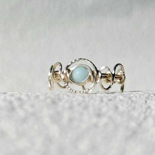 Handmade silver ring with light blue gemstone, spiritual jewelry for healing and chakra balance