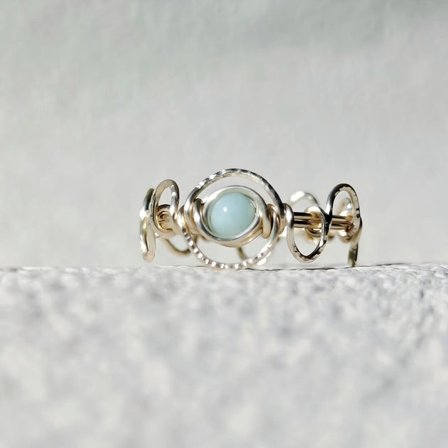 Handmade silver ring with light blue gemstone, spiritual jewelry for healing and chakra balance