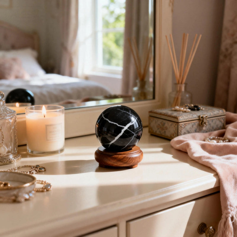 Black onyx crystal sphere on wooden stand with candle, jewelry, and diffuser for spiritual decor and protection
