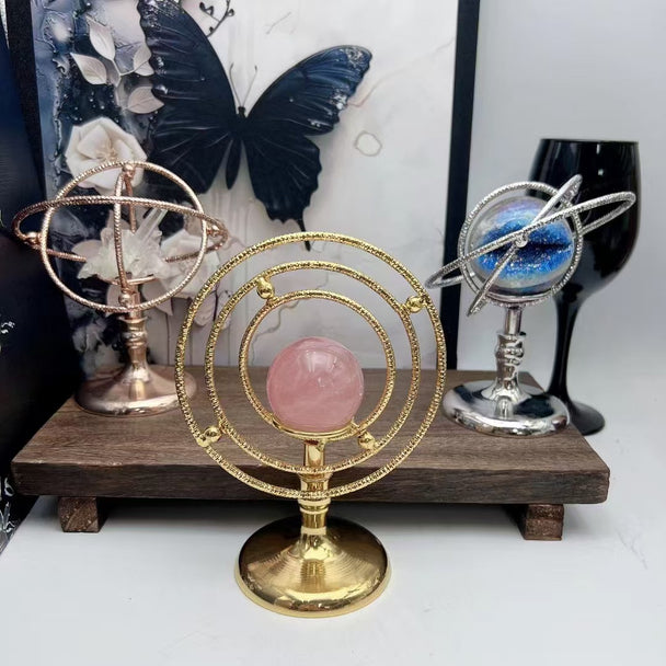 Rose quartz crystal sphere in gold orb stand, healing crystal decor for love and spiritual growth