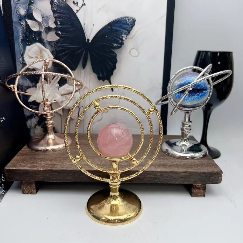 Rose quartz crystal sphere in gold orb stand, healing crystal decor for love and spiritual growth