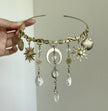 Boho sun moon crystal headpiece with shell charms and dangling quartz for spiritual jewelry lovers