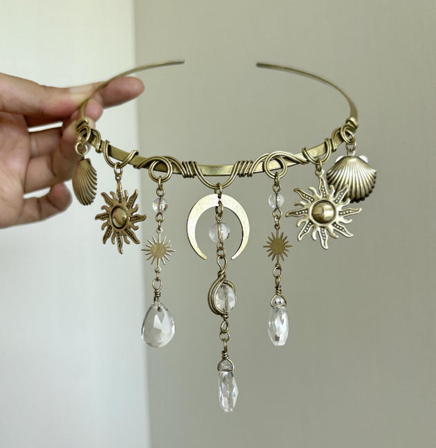Boho sun moon crystal headpiece with shell charms and dangling quartz for spiritual jewelry lovers