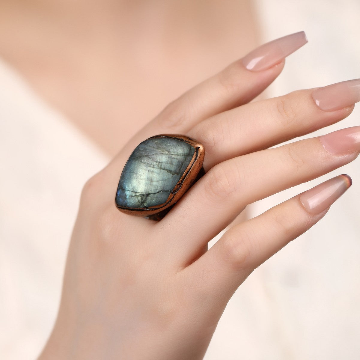 Labradorite gemstone ring with copper setting, handmade spiritual jewelry for protection and healing