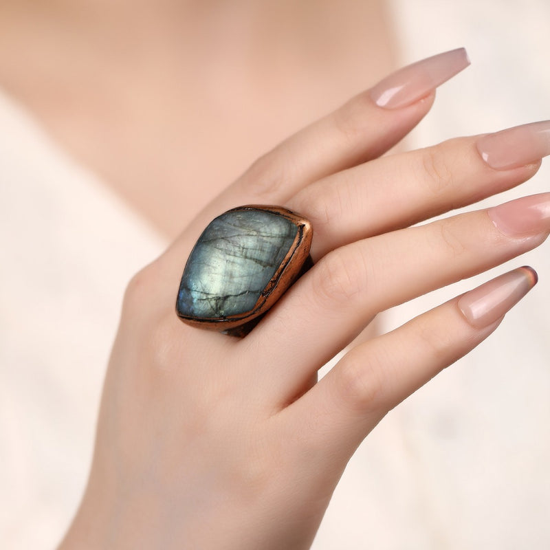 Labradorite gemstone ring with copper setting, handmade spiritual jewelry for protection and healing