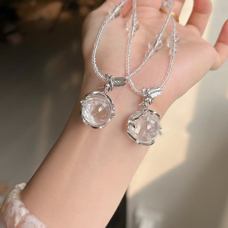 Clear crystal fairy pendant necklaces with silver wings, handmade gemstone jewelry for spiritual healing