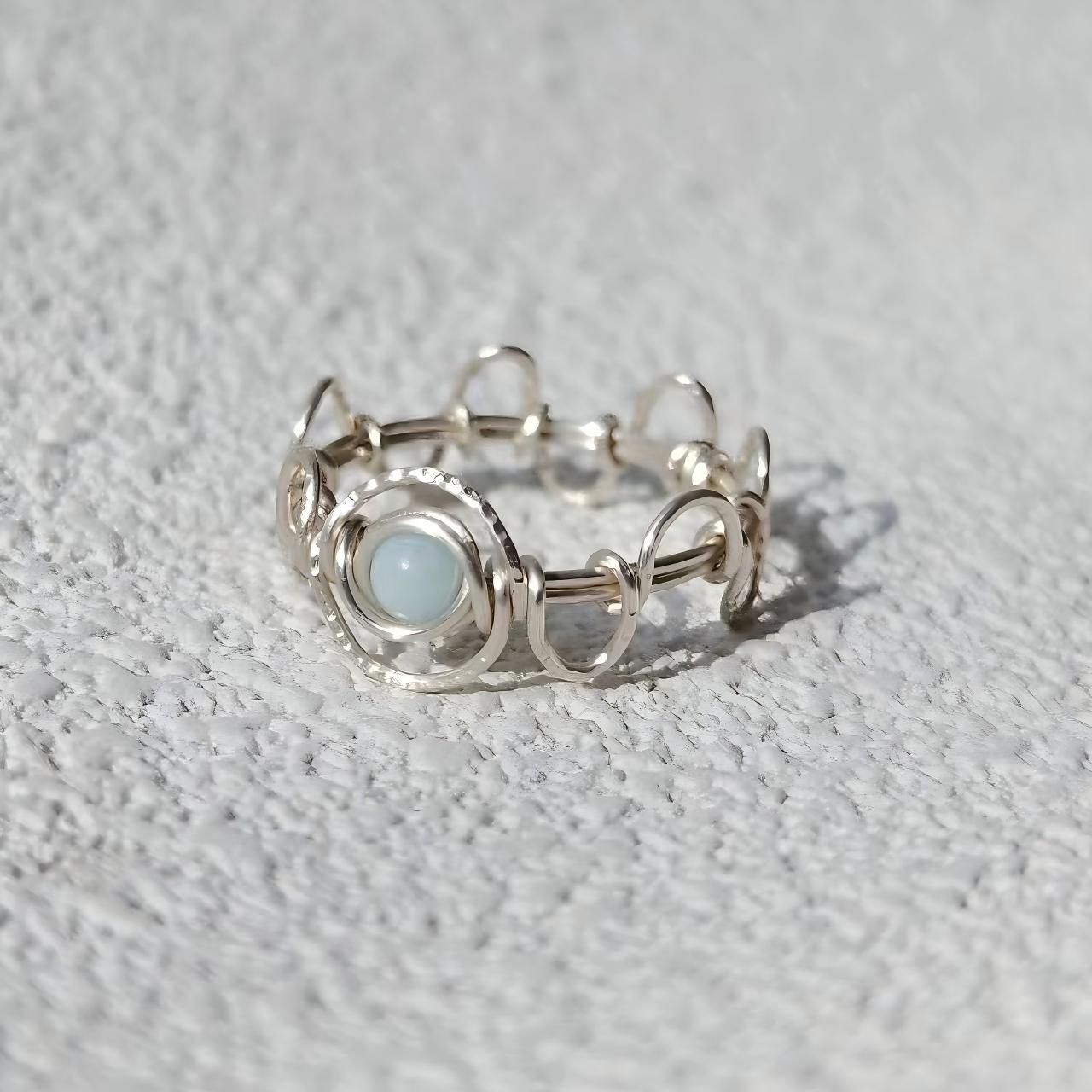 Silver ring with light blue chakra stone, handmade gemstone jewelry for spiritual healing and protection