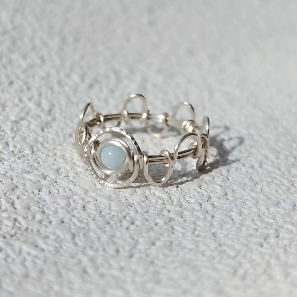 Silver ring with light blue chakra stone, handmade gemstone jewelry for spiritual healing and protection