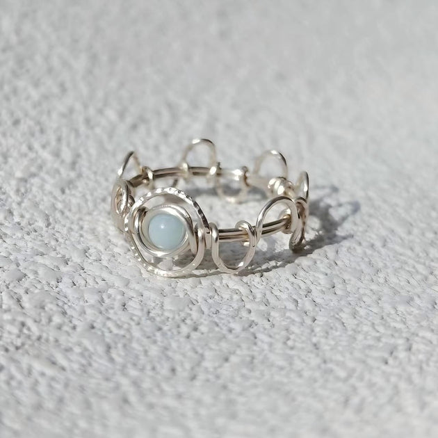 Silver ring with light blue chakra stone, handmade gemstone jewelry for spiritual healing and protection