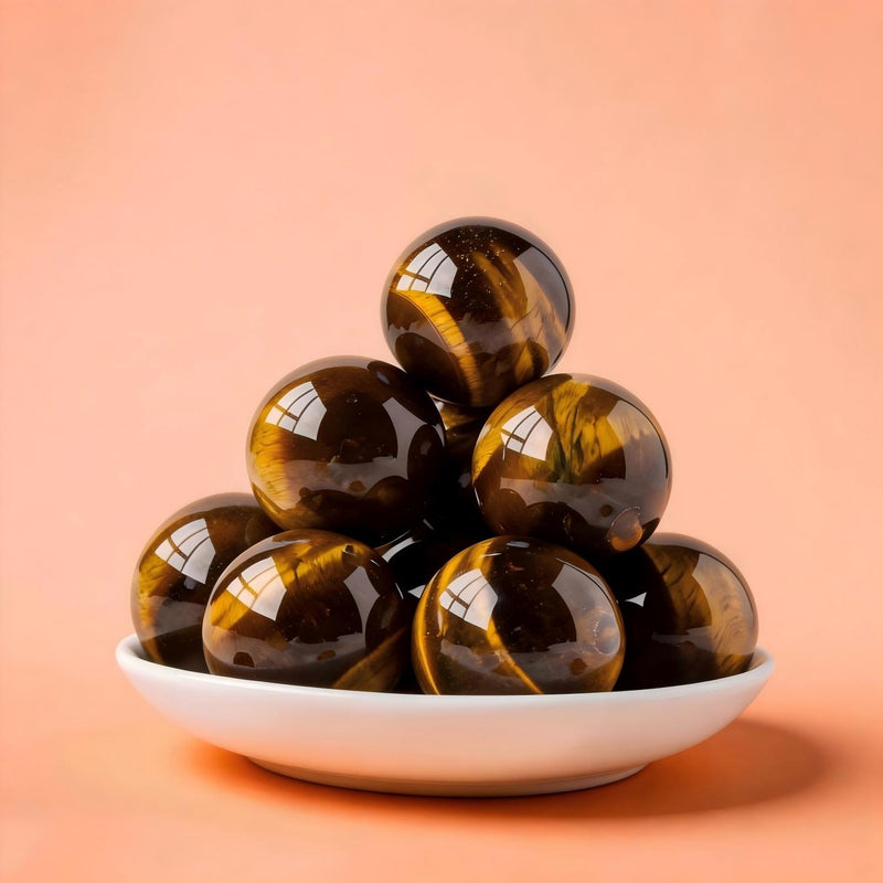 Polished tiger eye crystal spheres in a white bowl, ideal for protection and spiritual growth
