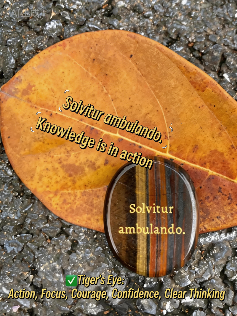 Tiger's Eye healing crystal for focus, courage & clear thinking, displayed on autumn leaf with motivational text.