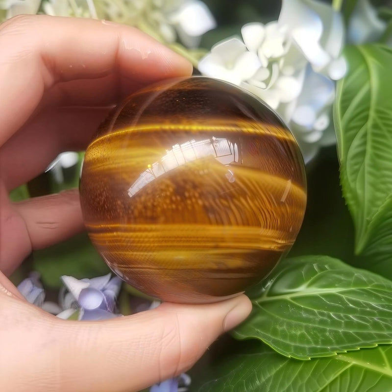 Hand holding polished tiger eye crystal sphere for protection and spiritual growth, surrounded by green leaves and white flowers.